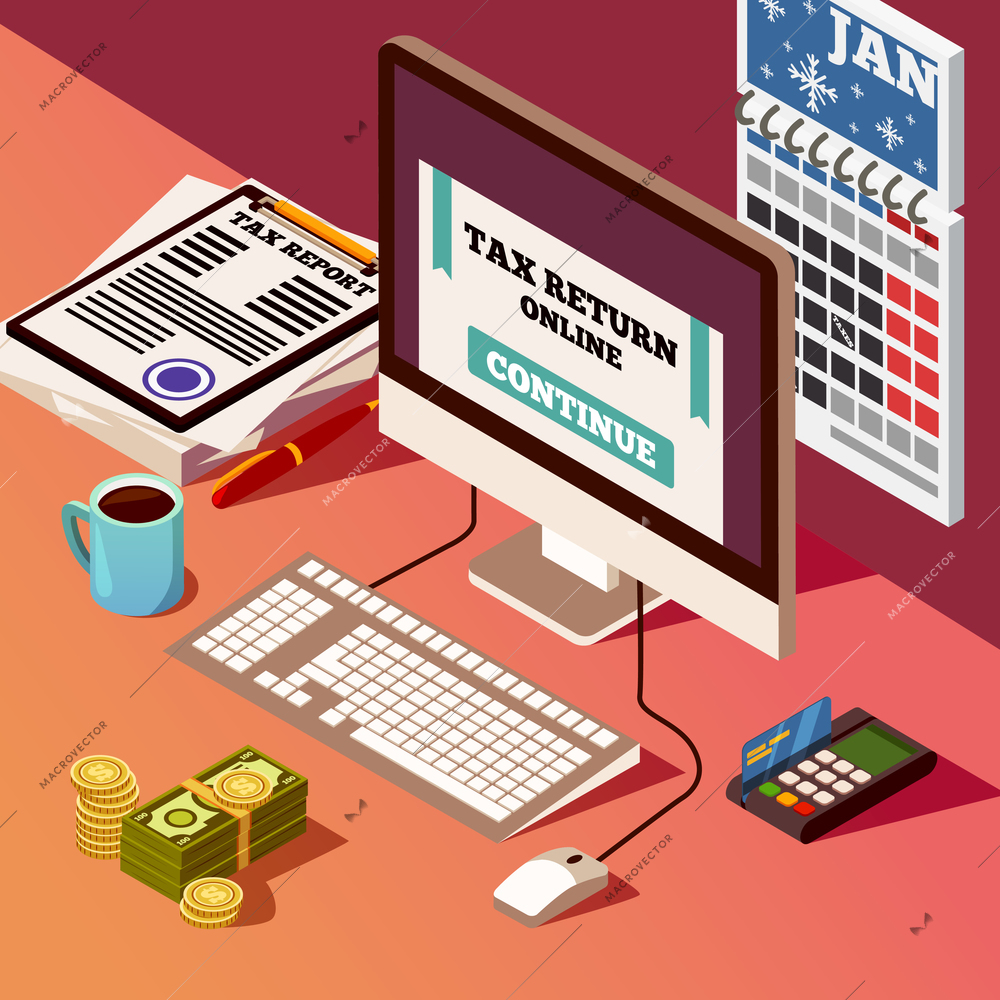 Accounting and taxes isometric composition with tax return online program on pc screen credit card and banknotes vector illustration