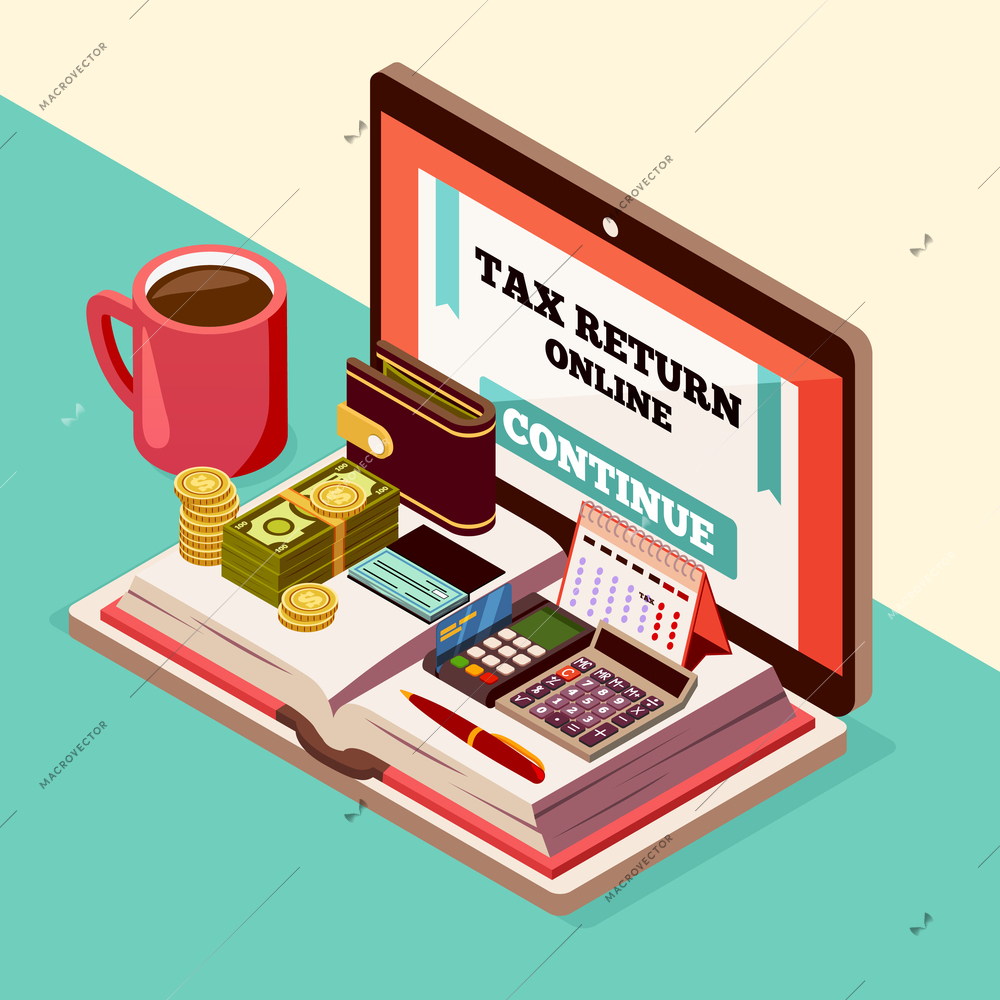 Accounting and taxes isometric background with calendar, calculator pocketbook and laptop used for online payments vector illustration