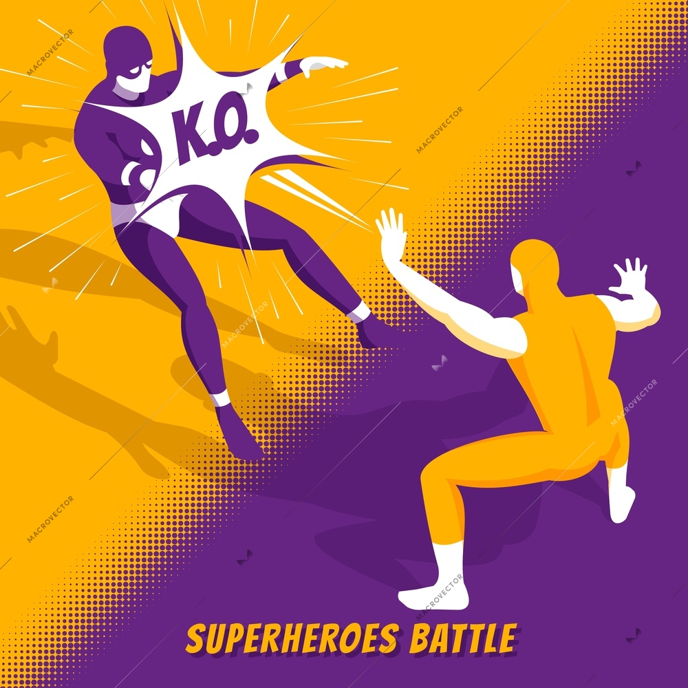 Famous superheroes movie characters fight in new computer videogame battle isometric orange purple screen image vector illustration