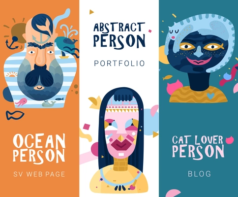 Human inner world 3 vertical abstract banners with cat lover and ocean type persons isolated vector illustration