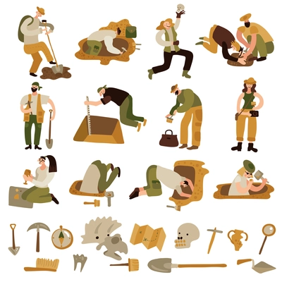 Archeology icons set with bones and equipment symbols flat isolated vector illustration