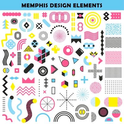 Memphis design mixture shapes and colors angular graphic worm like patterns decorative elements collection abstract vector illustration