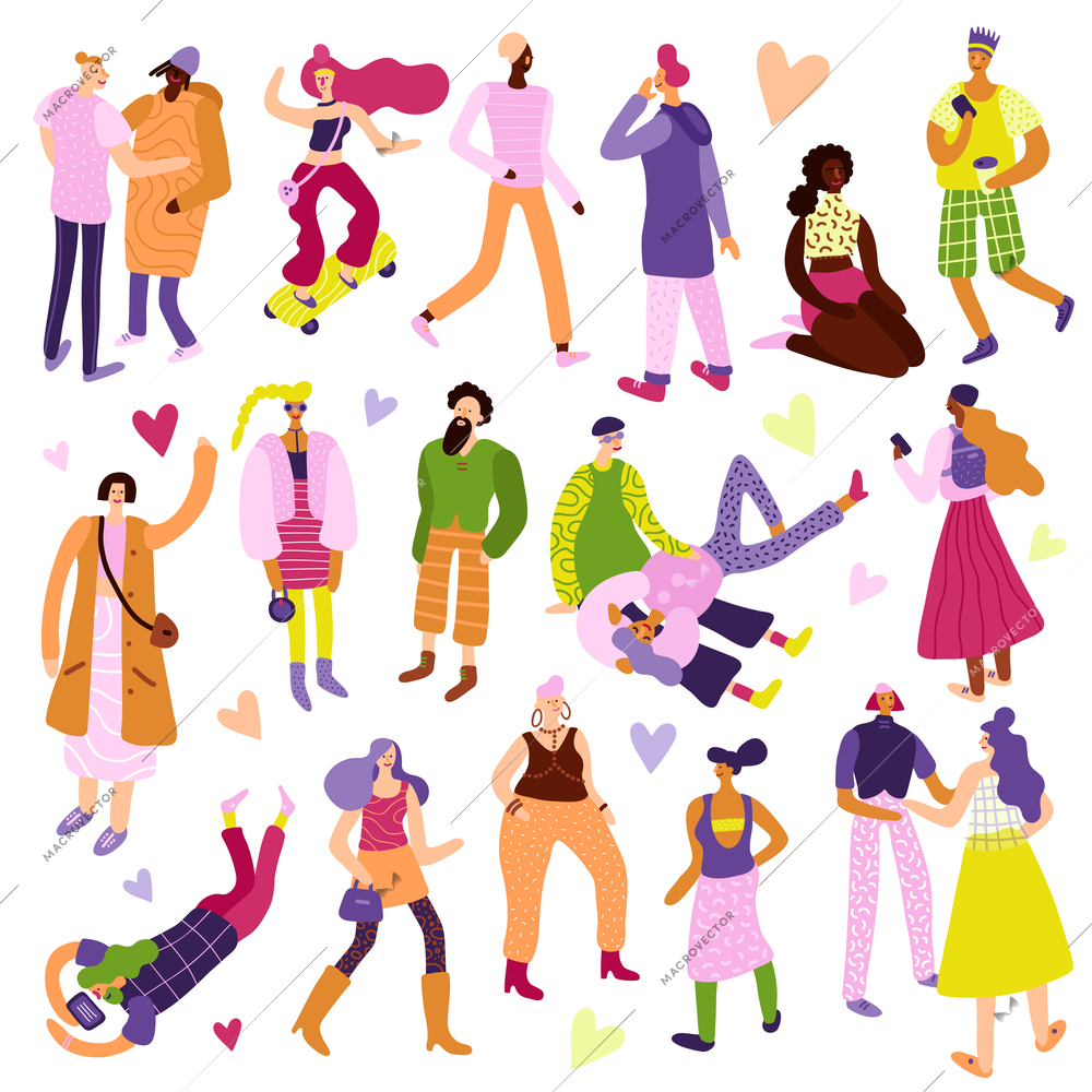 Young people street fashion looks icons set flat isolated vector illustration