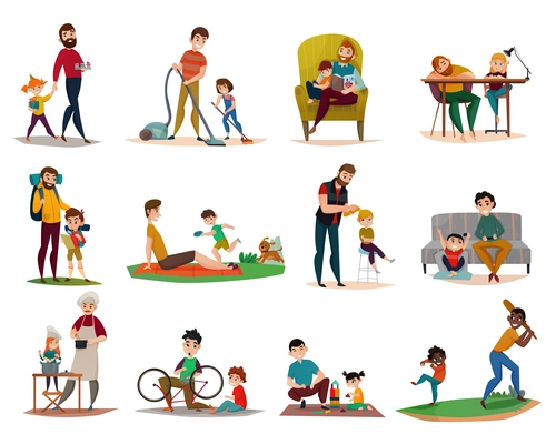 Fatherhood raising children, reading, cooking, sport activity and games, housework, set of icons isolated vector illustration