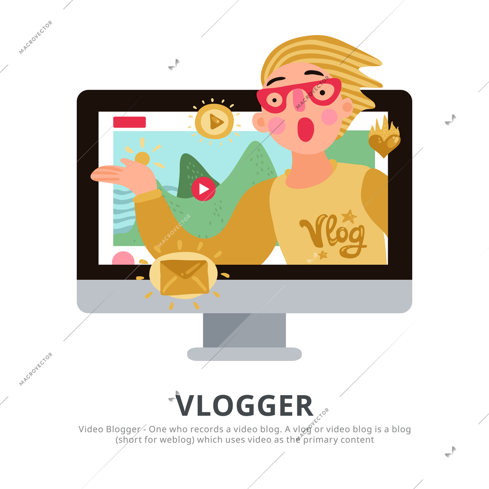 Vlogger background with travel tips blog symbols flat vector illustration