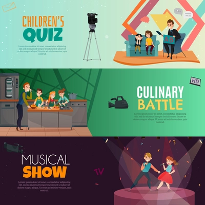 TV show kids set of horizontal banners  childrens quiz, culinary battle, musical performance isolated vector illustration