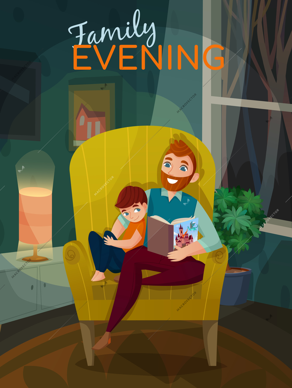 Fatherhood family evening scene with dad and son during book reading in home interior vector illustration