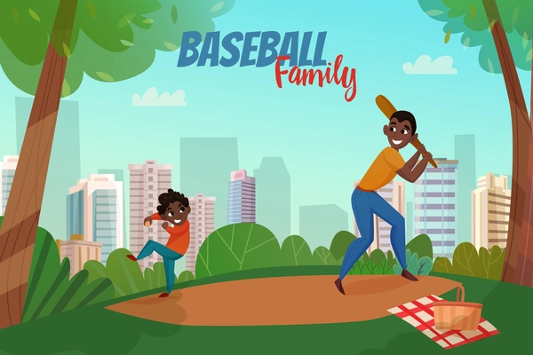Fatherhood scene with dad and son during baseball game on city buildings background vector illustration