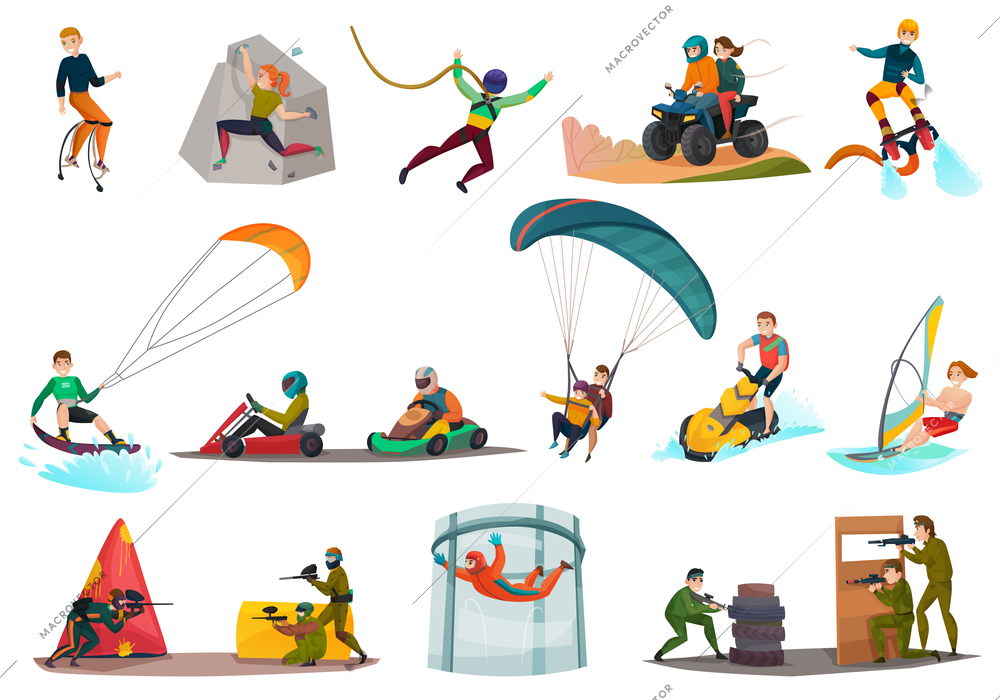 Set of modern sports and entertainments including jolly jumping, karting, kite surfing and paintball isolated vector illustration