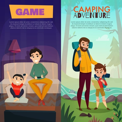 Fatherhood vertical banners, dad and son during home game and camping adventure isolated vector illustration