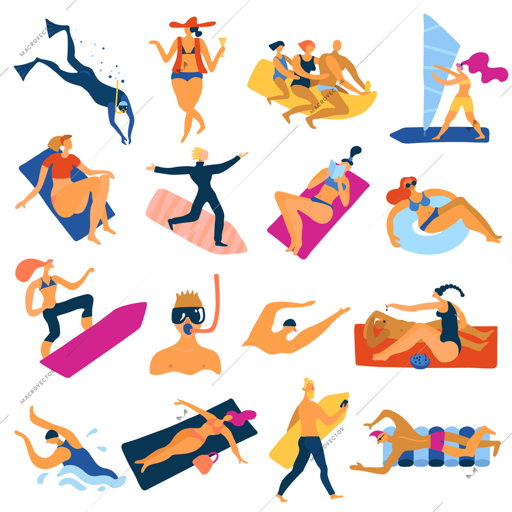 Sea activities set with diving and swimming symbols flat isolated vector illustration