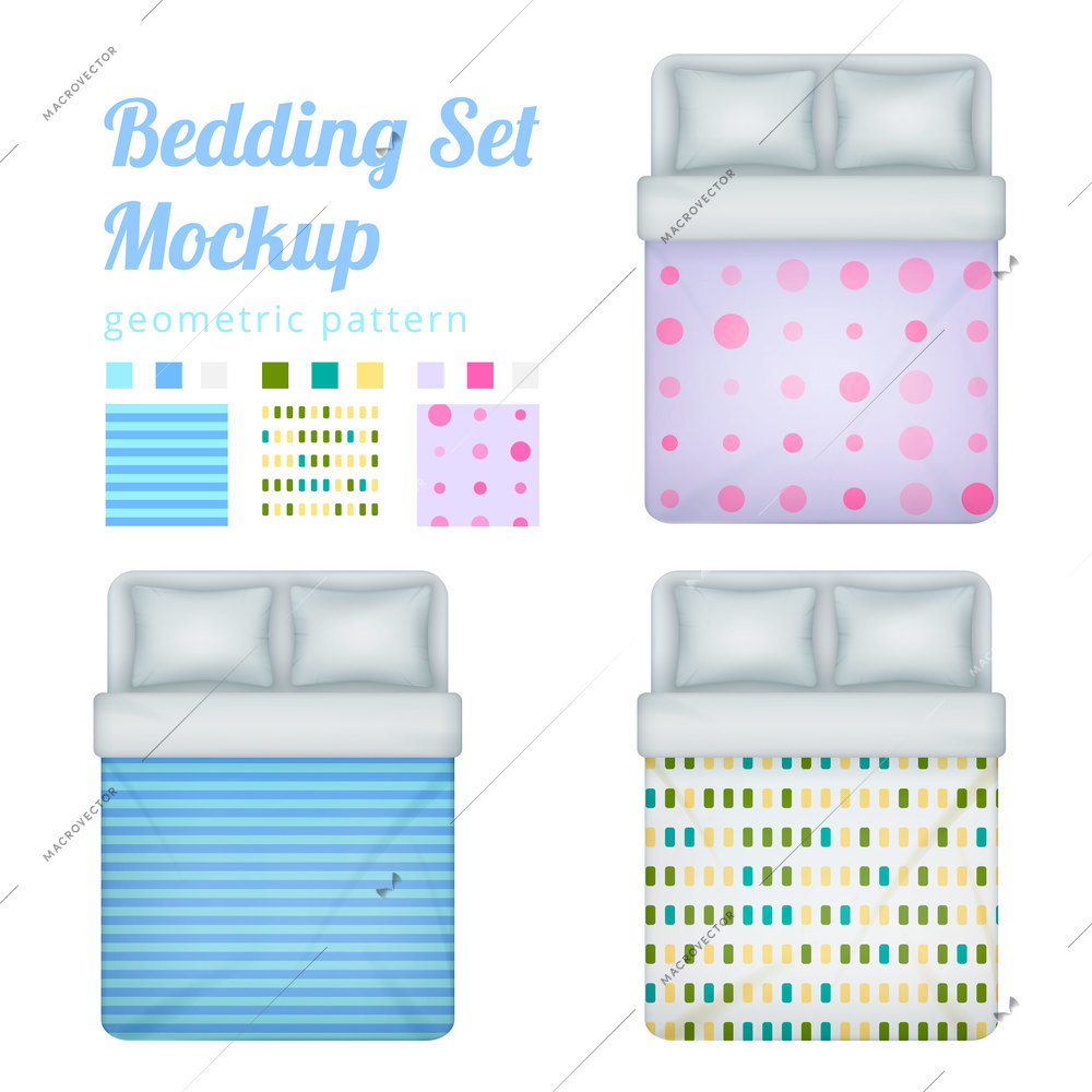 Double bed bedding set of realistic queen beds and patterns for bedclothing with examples of blanket vector illustration