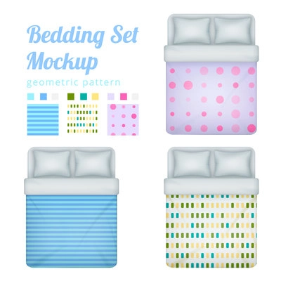 Double bed bedding set of realistic queen beds and patterns for bedclothing with examples of blanket vector illustration