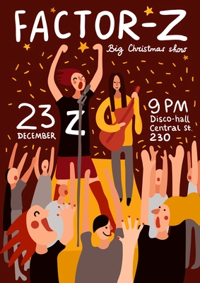 Club party poster with big Christmas show and concert symbols flat vector illustration