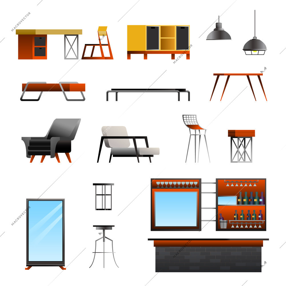 Loft interior elements gradient flat constructor set with isolated images of designer furniture and bar counter vector illustration