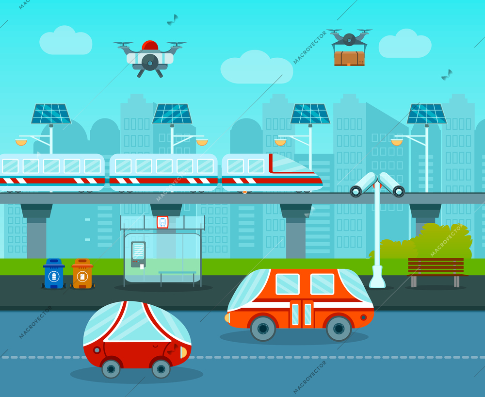 Smart city composition with cartoon style images of futuristic cars monorail and drones in urban landscape vector illustration