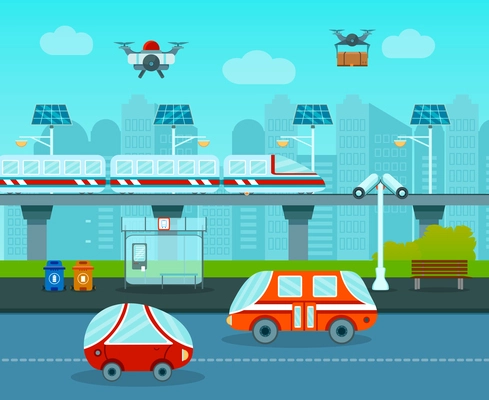 Smart city composition with cartoon style images of futuristic cars monorail and drones in urban landscape vector illustration