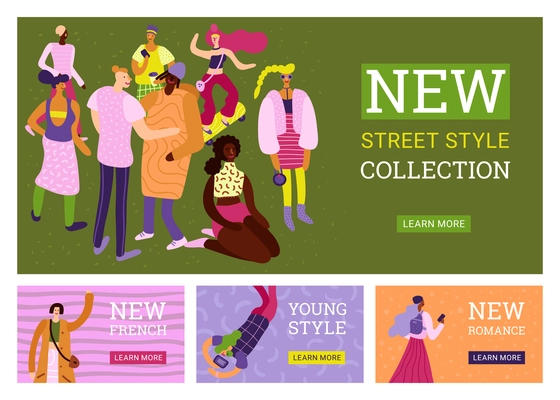 Young people street fashion horizontal banners set flat isolated vector illustration