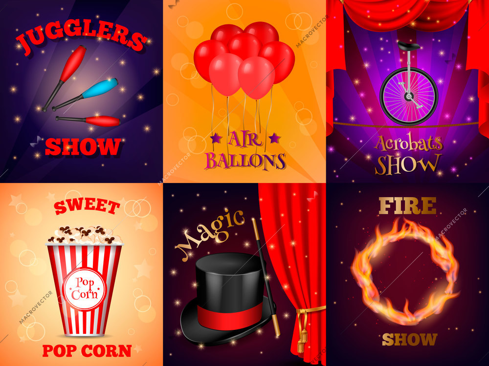 Circus compositions cards realistic 3d collection of six artworks with text captions and colourful props images vector illustration