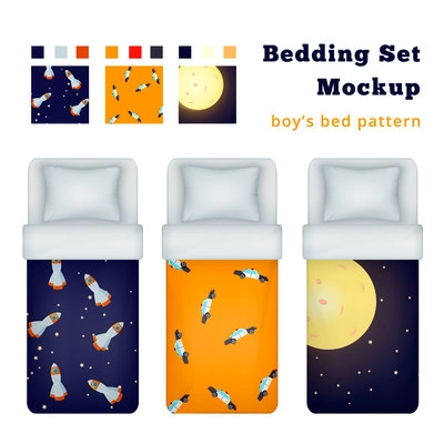 Childish boy bedding set of realistic single bed mockup images and textile patterns for bed linen vector illustration