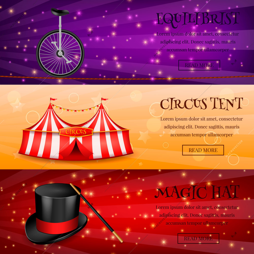 Set of three horizontal circus banners with realistic 3d images of monowheel magic hat and tent vector illustration