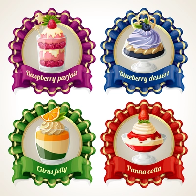 Decorative sweets ribbon banners set with raspberry parfait blueberry dessert isolated vector illustration