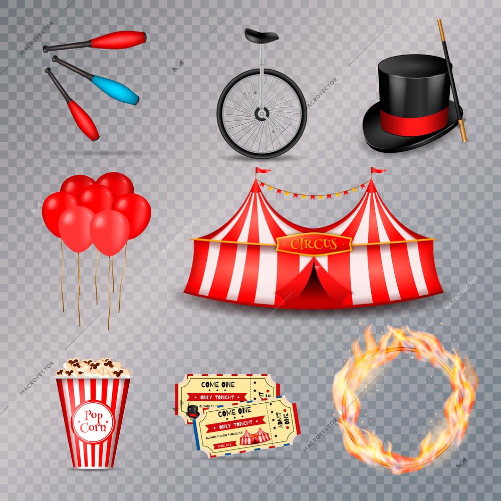 Circus set of isolated realistic 3d images with sticker style circus equipment objects on transparent background vector illustration