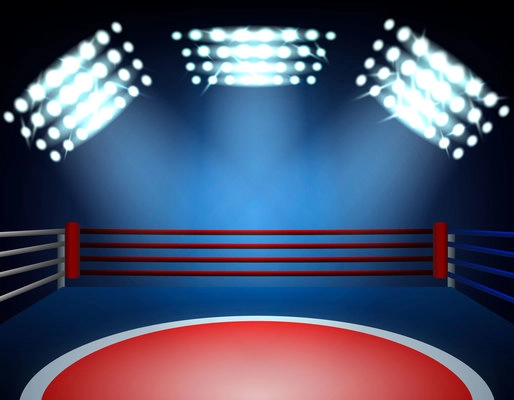 Boxing ring spotlights realistic composition of three stadium spots and boxing ring covered with light beams vector illustration