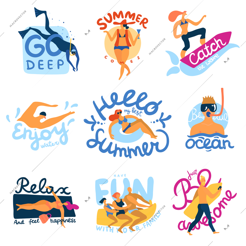 Sea activities emblems set with summer symbols flat isolated vector illustration