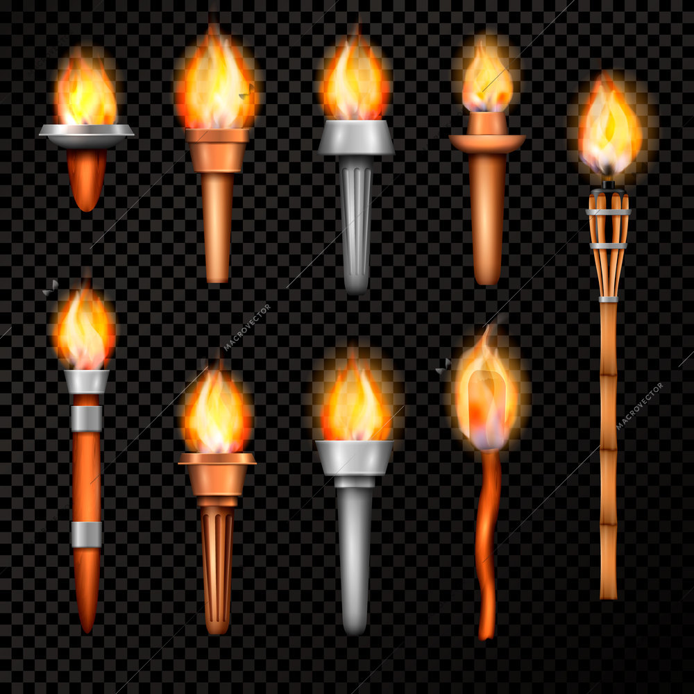 Torch realistic set with isolated hand cresset images of various shape with flame on transparent background vector illustration