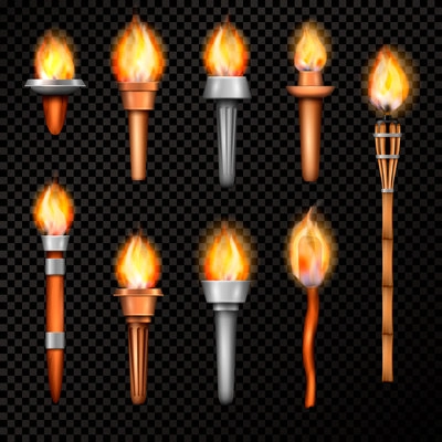 Torch realistic set with isolated hand cresset images of various shape with flame on transparent background vector illustration