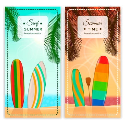 Set of two vertical surfboards realistic banners with colourful backgrounds surf beach scenery and paddle boards vector illustration