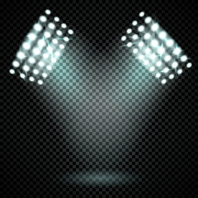 Stadium spotlight transparent realistic set with two lighting tower stacks of led lamps on transparent background vector illustration