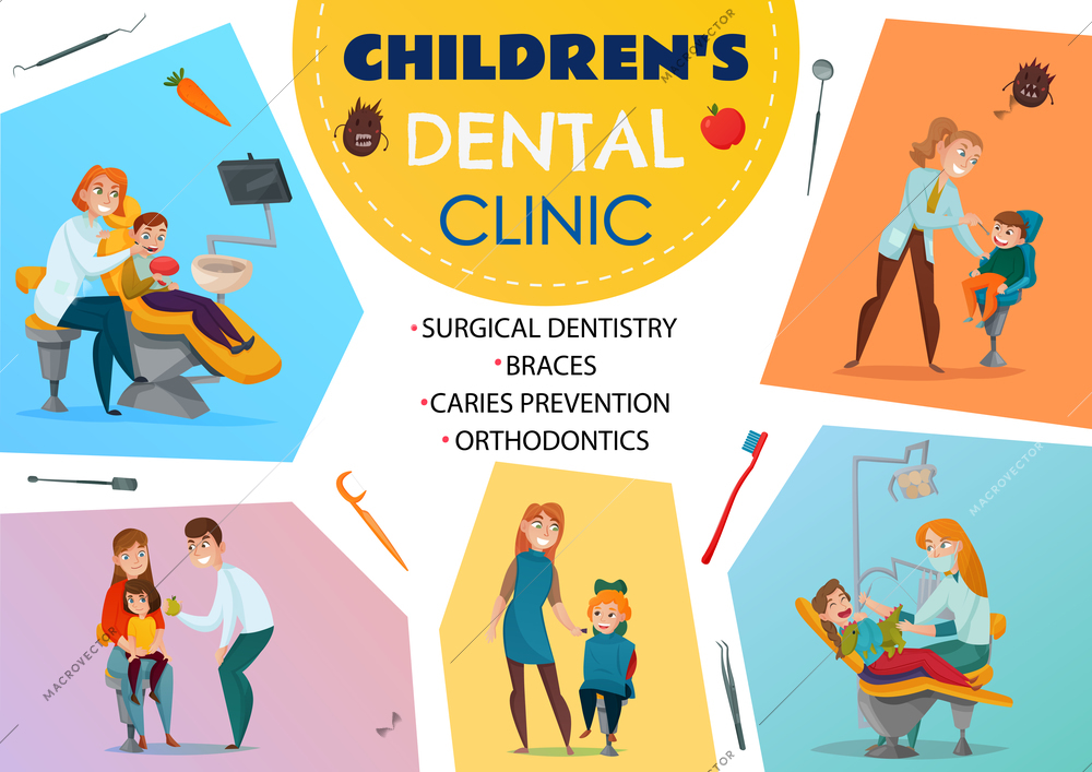 Colored pediatric dentistry poster children s dental clinic orthodontics braces surgical dentistry caries prevention descriptions vector illustration