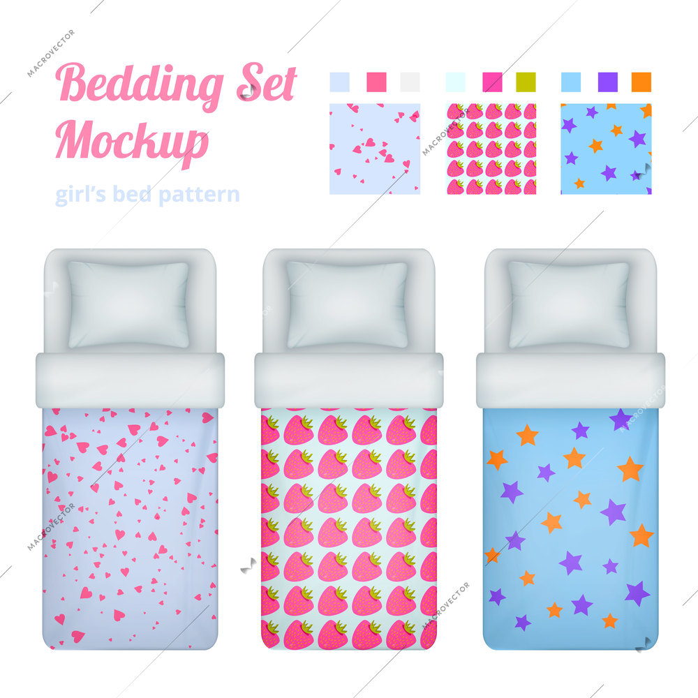 Childish girl bedding set of isolated patterns for sheeting textile and top view of neat beds vector illustration