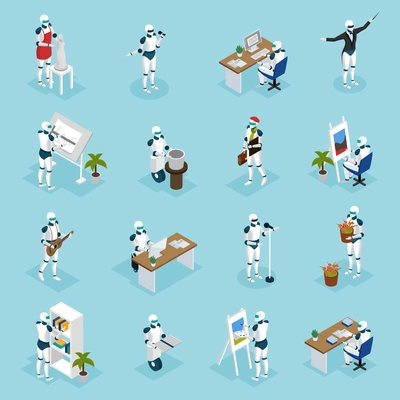 Artificial intelligence isometric icons collection with creative robots playing gitaar singing painting designing writing isometric vector illustration