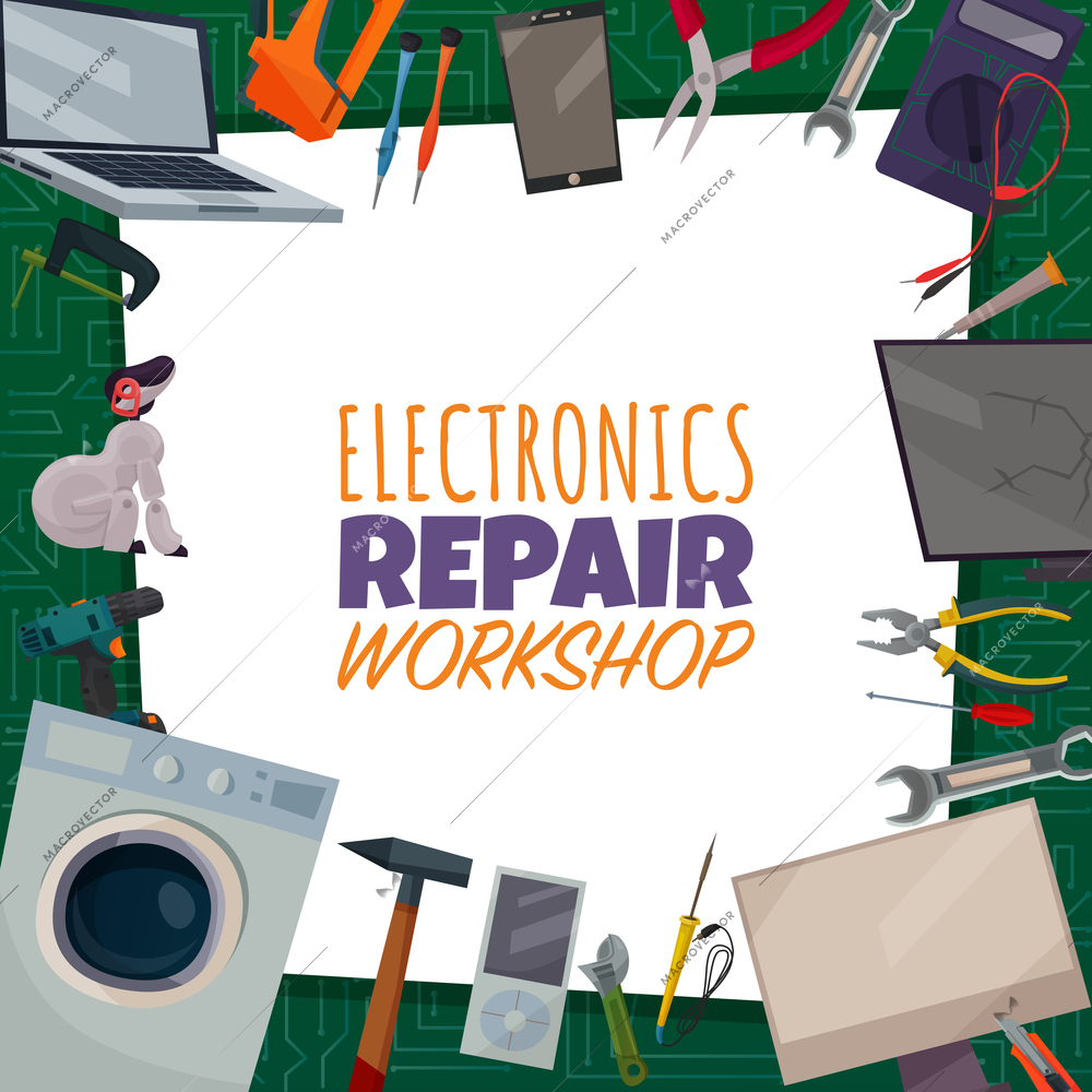 Colored electronics repair poster with electronic repair workshop headline and different tools spread out around vector illustration