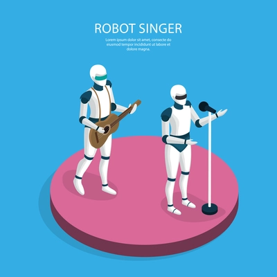 Artificial intelligence isometric background poster with creative robots musical band members singer and guitarist performance vector illustration