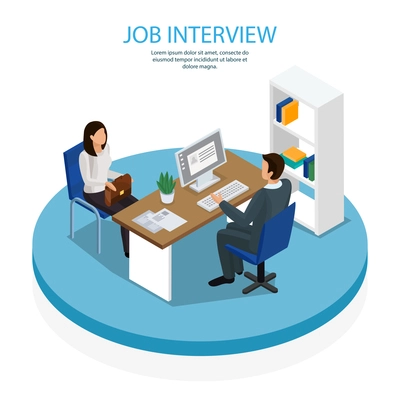 Employment and recruitment isometric composition background poster with hiring manager interviewing young lady job seeker vector illustration