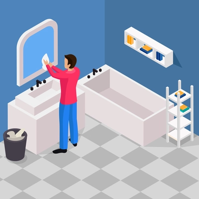 Spring thorough house cleaning works isometric background with man washing bathroom mirror with microfiber cloth vector illustration