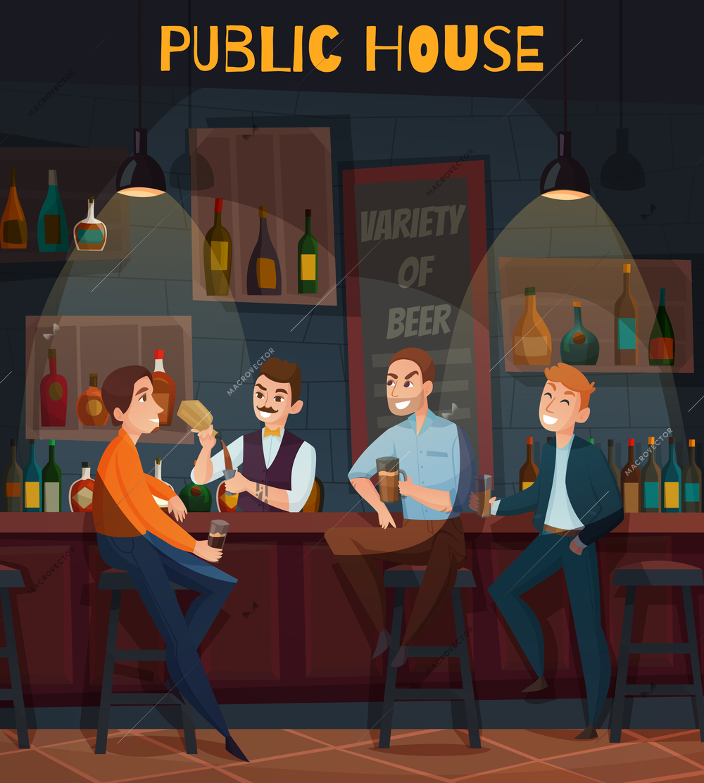 Colored restaurant pub visitors composition or flyer with public house big orange headline vector illustration