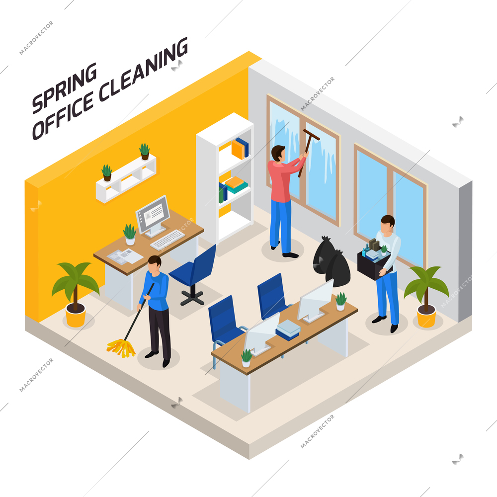 Spring office thorough tidying up isometric compositing with floor washing windows cleaning taking garbage out vector illustration