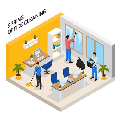 Spring office thorough tidying up isometric compositing with floor washing windows cleaning taking garbage out vector illustration