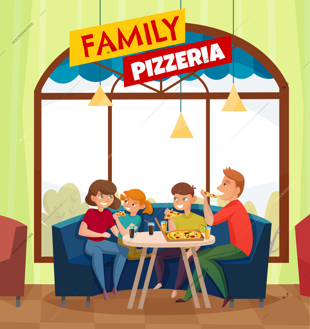 Flat restaurant pub visitors colored composition with big red family pizzeria headline vector illustration