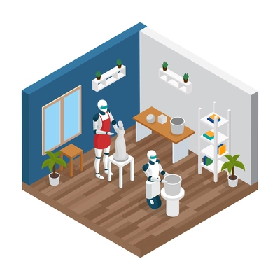 Artificial intelligence ai jobs isometric composition with 2 creative humanoid robots sculptors working in studio vector illustration