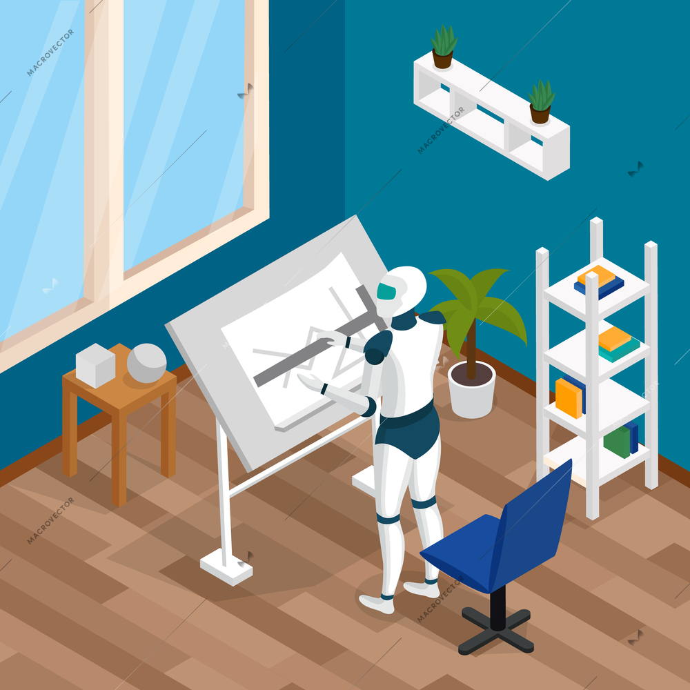 Artificial intelligence ai professions isometric composition with creative artist designer robot working at drafting table vector illustration