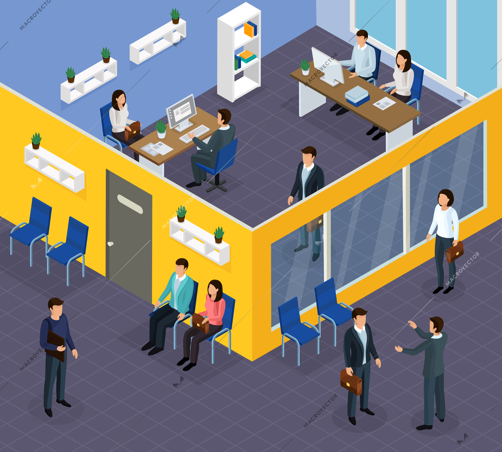 Employment agency office specialists assisting job seekers finding work helping companies hire staff isometric compositions vector illustration