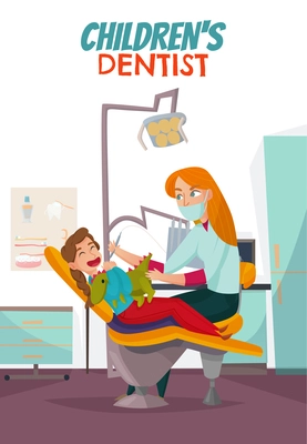 Colored pediatric dentistry composition with children s dentist headline and red hair woman treats child s teeth vector illustration