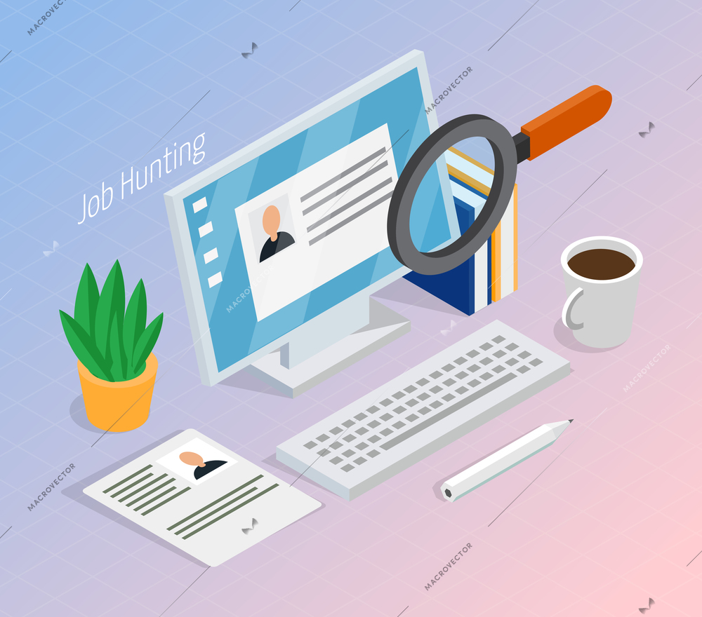 Employment and recruitment resume search for hiring right job candidate isometric composition with magnifying glass vector illustration