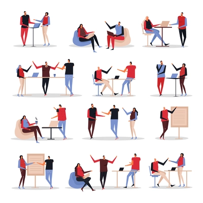 Coworking creative team characters collection with office space sharing project presentation coffee break discussions isolated vector illustration